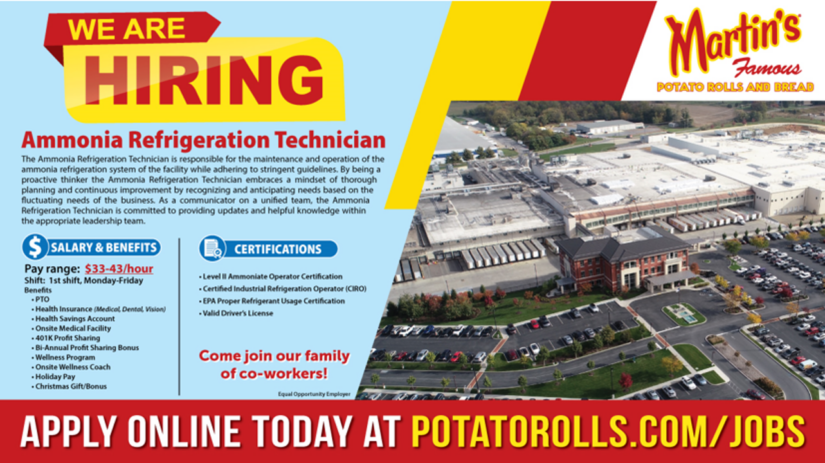 Ammonia Refrigeration Technician Job at Martin’s Potato Rolls and Bread