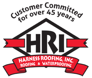 A black and red logo for harness roofing, inc.